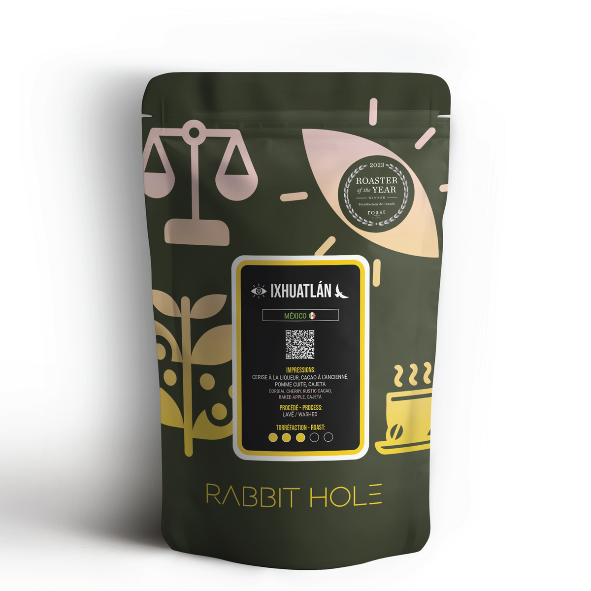 Dark green coffee packaging with brand logo and graphics on a white background
