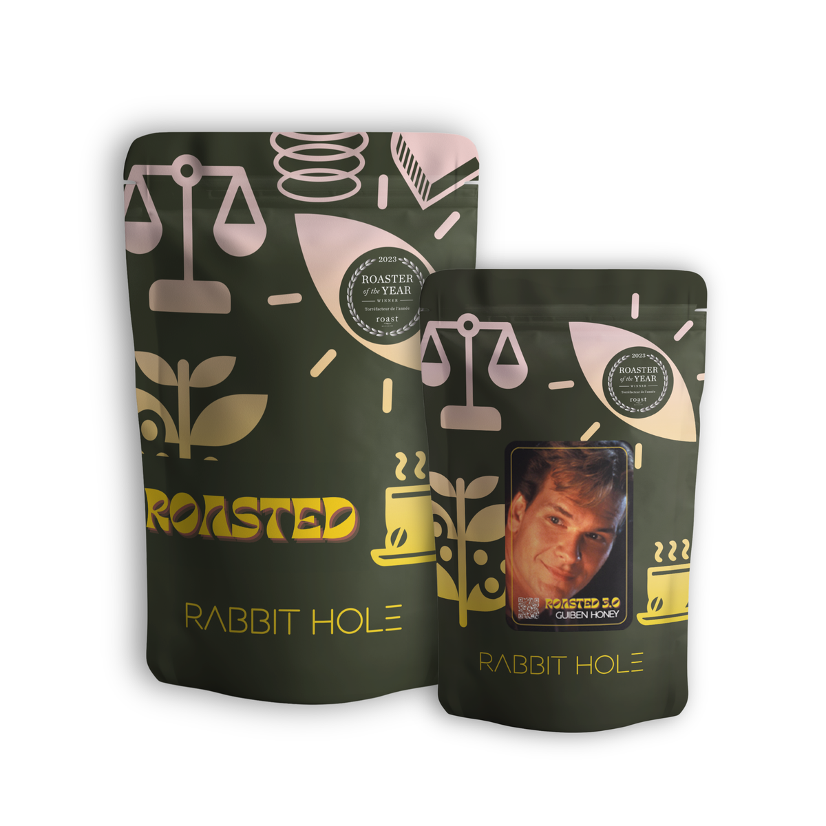 Two custom-printed dark green coffee coffee bags from Rabbit Hole Roasters, featuring a custom label for Roasted  Experimental Releases. Roasted 3.0 features Patrick Swayze from the 1990 movie Ghost.