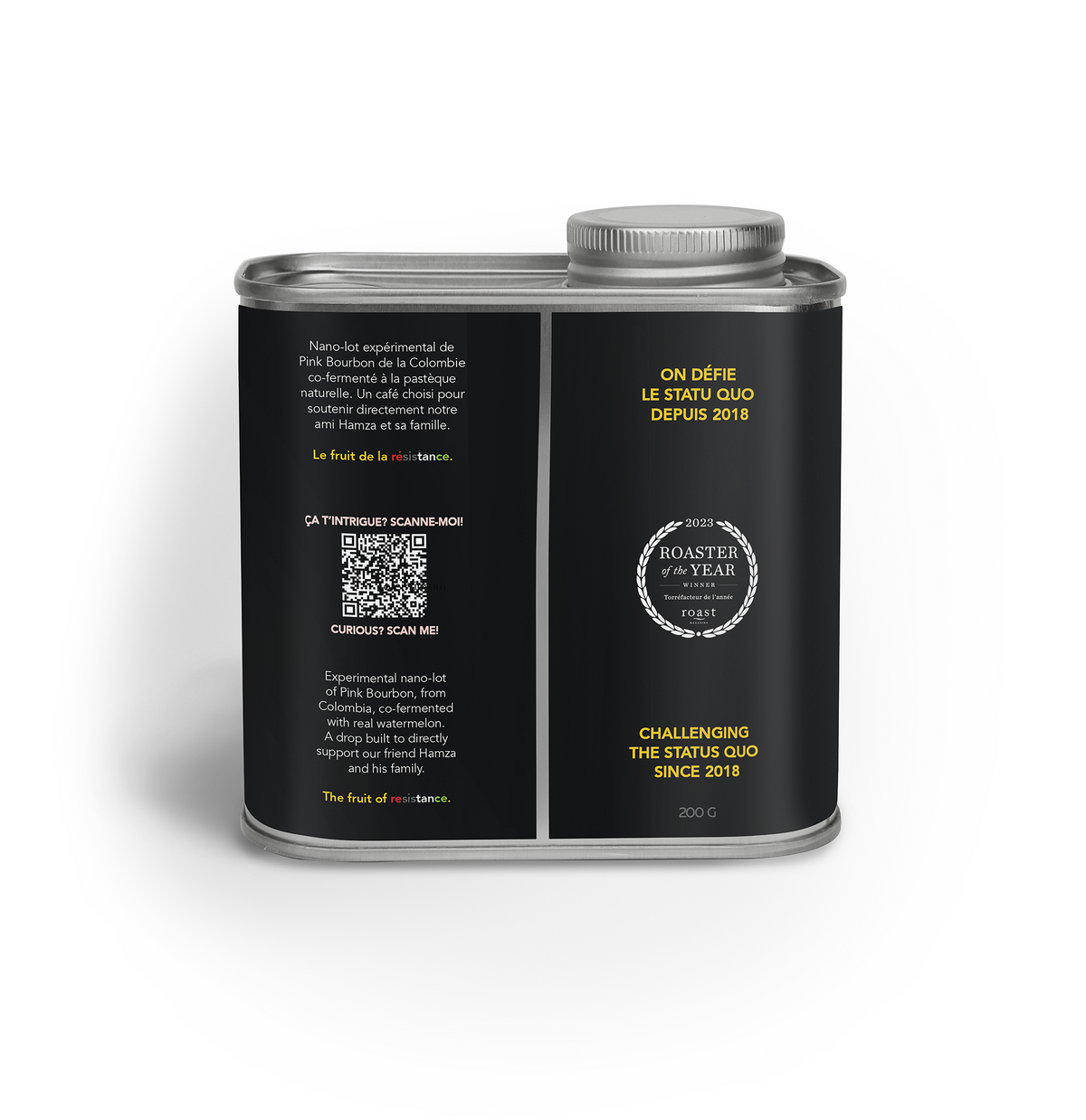 A matte black metal tin by Rabbit Hole Roasters with a silver screw cap, shown on a clean white background. The back of the tin features a black label with gold and white text, a QR code, and the Roast Magazine 'Roaster of the Year 2018' award seal.