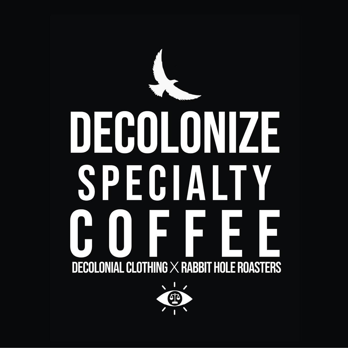 Black background with white text 'Decolonize Specialty Coffee' and logos.