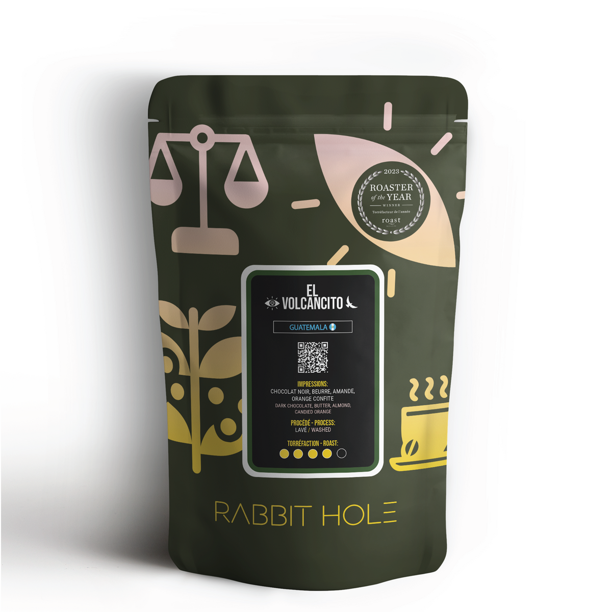 Coffee packaging with branding and product details on a white background